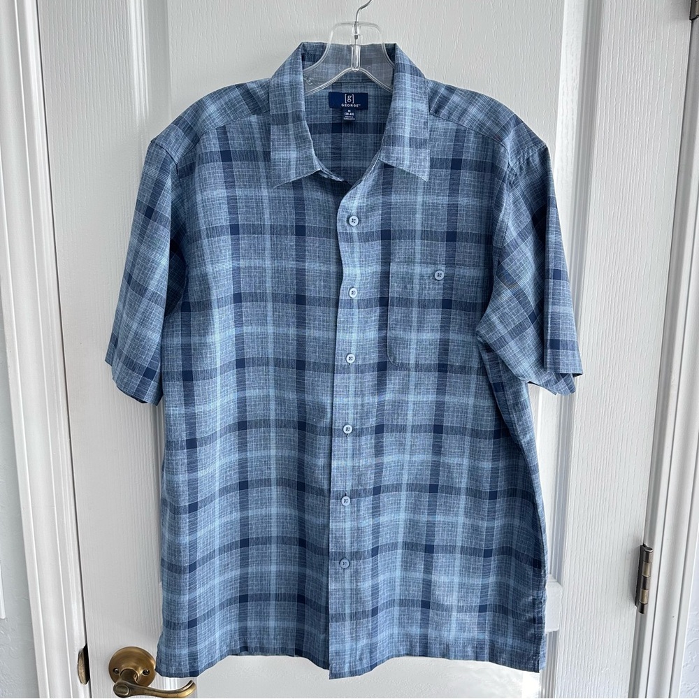 George Shirt Short Sleeve Button Down Blue Plaid Top Size M (38-40)